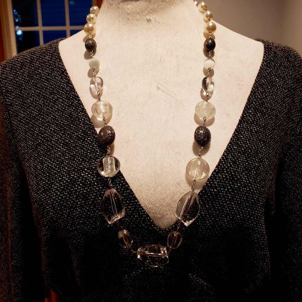 Ruby Rd 90's Silver Tone Chain w/ Metal, Clear & Faux Pearl Beaded Necklace